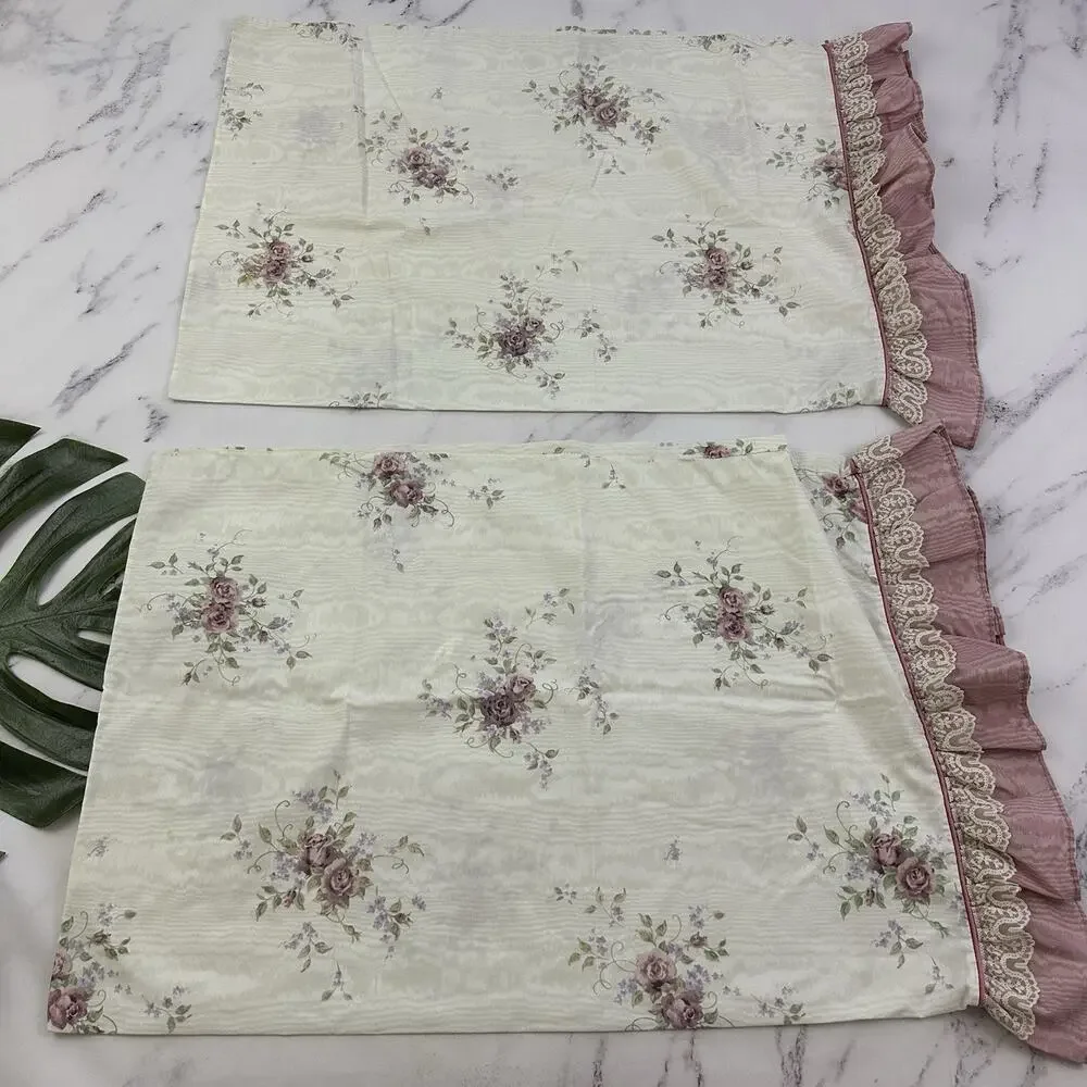 JC Penny Vintage 90s Bed Sheet Set Full Double Cream Purple Ruffles Lace Floral